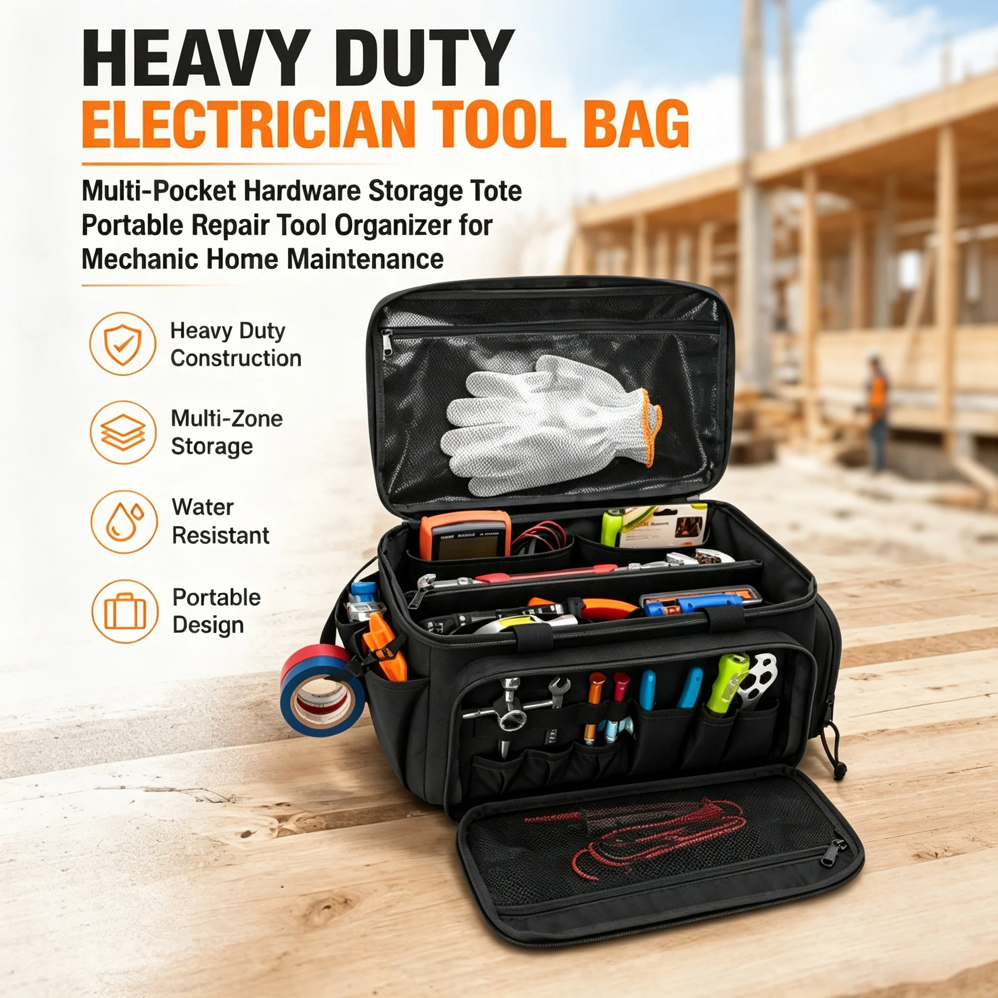 Heavy Duty Electrician Tool Bag Multi-Pocket Hardware Storage Tote  Portable Repair Tool Organizer for Mechanic Home Maintenance
