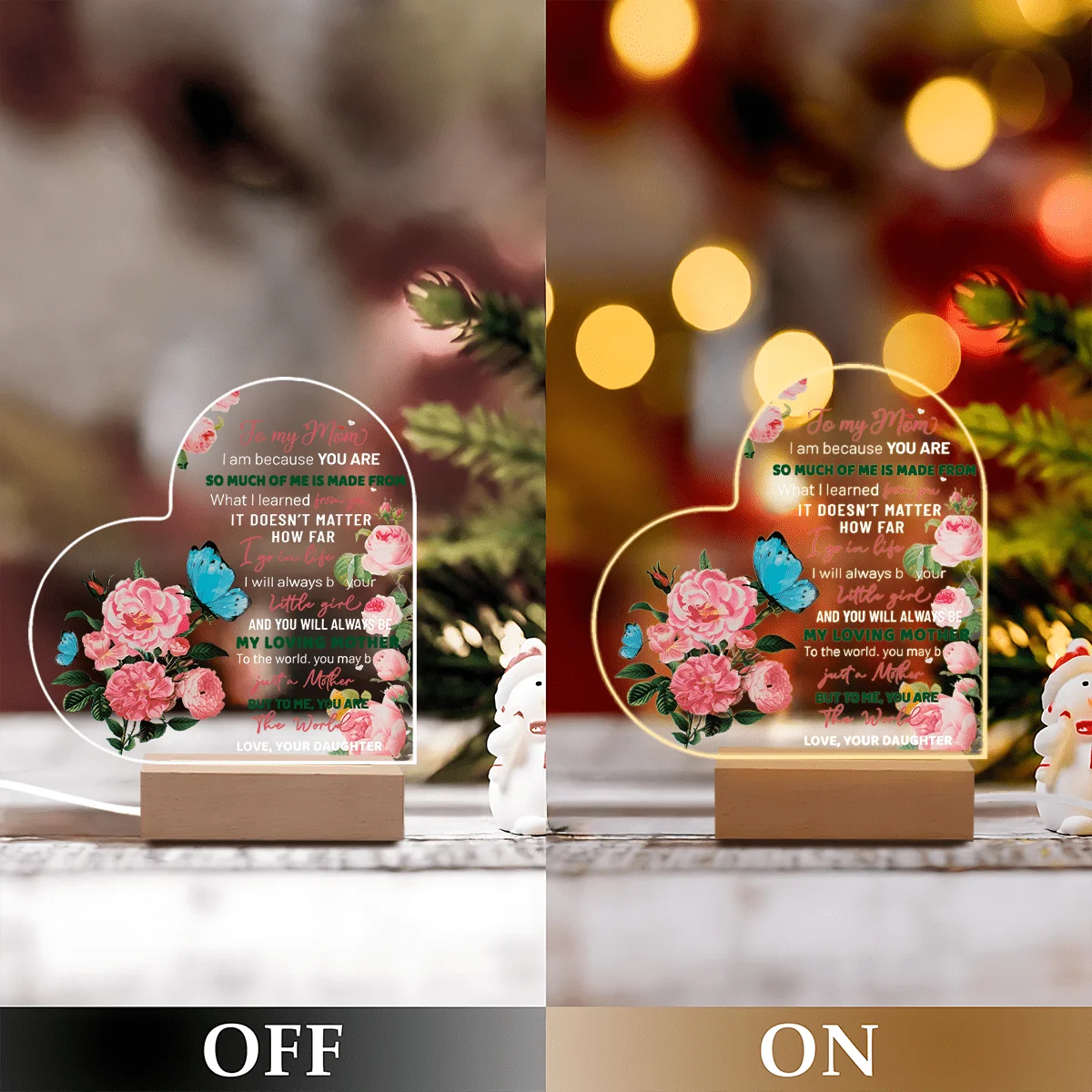 1 قطعة ملحقات التصوير الفوتوغرافي للديكور المتوهج من الأكريليك ، قاعدة خشبية USB ، هدية ابنة أمي ، ديكور زهور الفراشة ، دمى قابلة للجمع