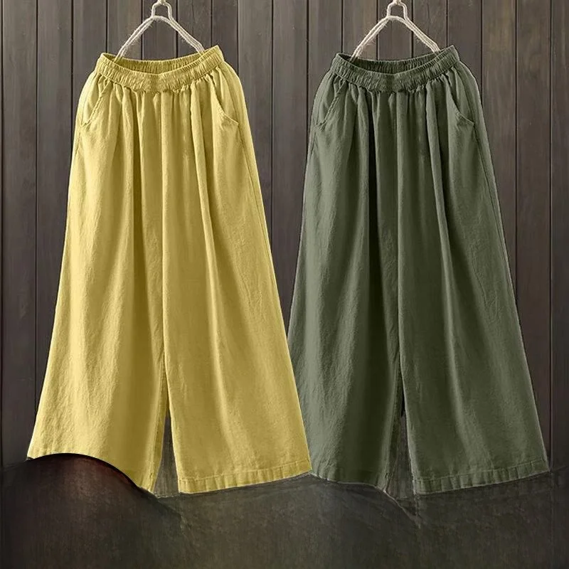 

Cotton Linen Wide Leg Pants Women's Spring Summer Elastic Waist Casual Nine Point Loose Slimming Drapey Long Trousers