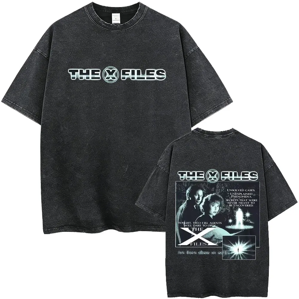 Washed Vintage Movie The X Files Are There Aliens on Earth Graphic T-shirt Men Casual High Quality T Shirt Male Retro Streetwear