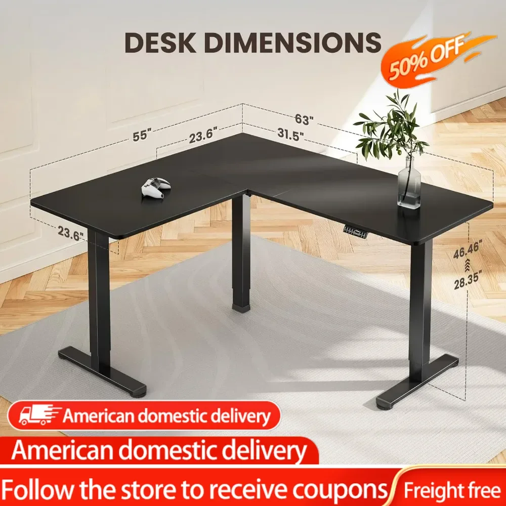 

63" Dual Motor L Shaped Standing Desk, 28"-46" Electric Height Adjustable, 2 Assembly Options to Fit Room Corner,