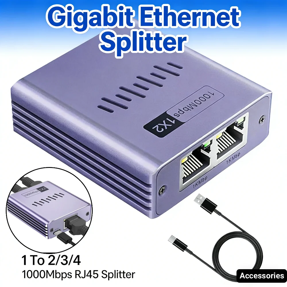 

Гигабитный Ethernet-сплиттер От 1 до 2/3/4 Gigabit RJ45 LAN-удлинитель 1000 Мбит/с Интернет-кабель-сплиттер с силовым кабелем Type-c