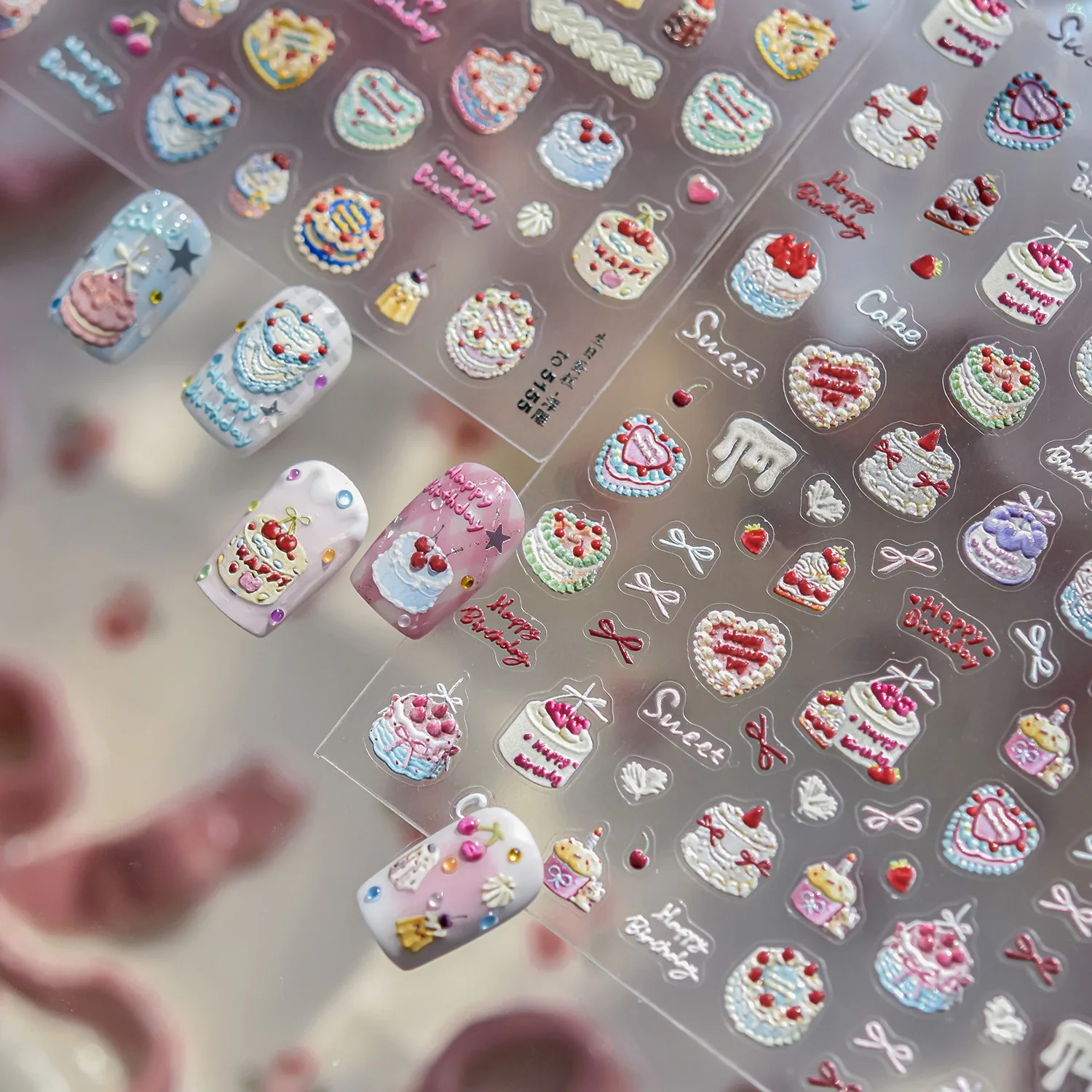 

Cute Birthday Party Nail Stickers Cake Cream Strawberry Cherry Stickers For Nails Decoration 5D Self Adhesive Manicure Decal DIY