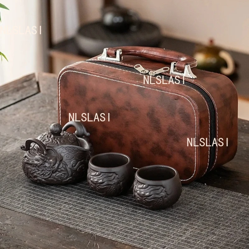 

Фиолетовый глиняный двойной дракон Play Pearl Дорожный чайный сервиз 1 горшок 2 чашки Портативный уличный набор для заваривания чая Чайник Китайская чашка для чая