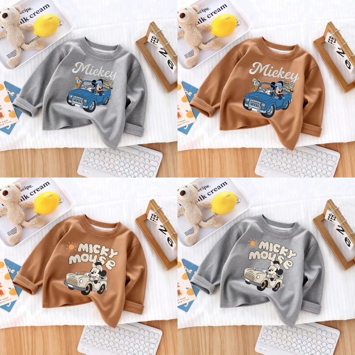 

Disney Small Baby Autumn Costume Mickey Mouse Printed Toddler Long Sleeve Round Neck Tops Gray And Brown Styles Little Kid Cloth