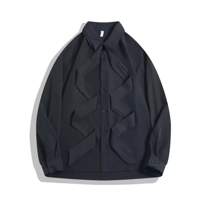 

Pure Color Luxury Unisex Long Sleeve Shirt Simple Casual Turn-Down Collar Ice Silk Ribbon Design Loose Fashionable Thin Shirt