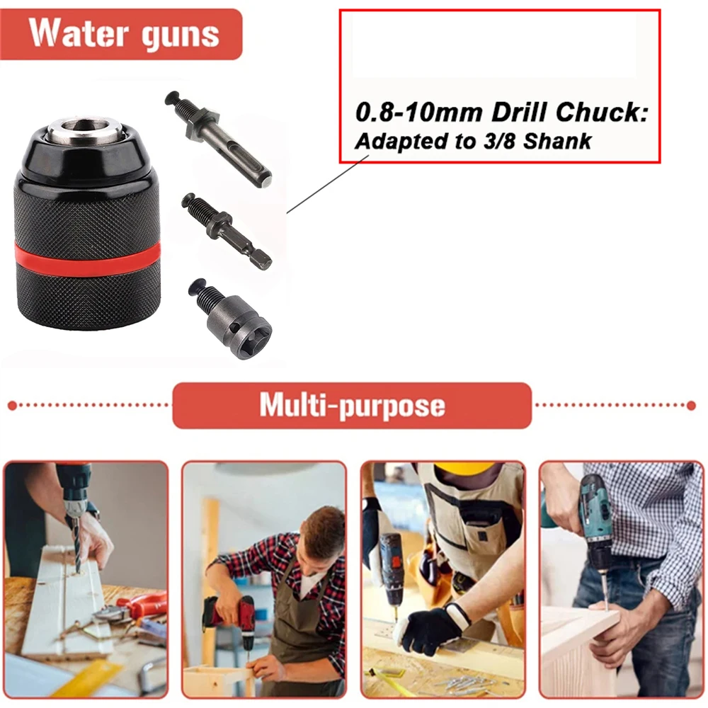 4pcs/set,0.8~10mm Ratchet Self-locking Drill Chuck,3/8-24UNF Thread 3Jaw Metal Keyless Chuck,Power Chuck for Drill Bits&Sleeve
