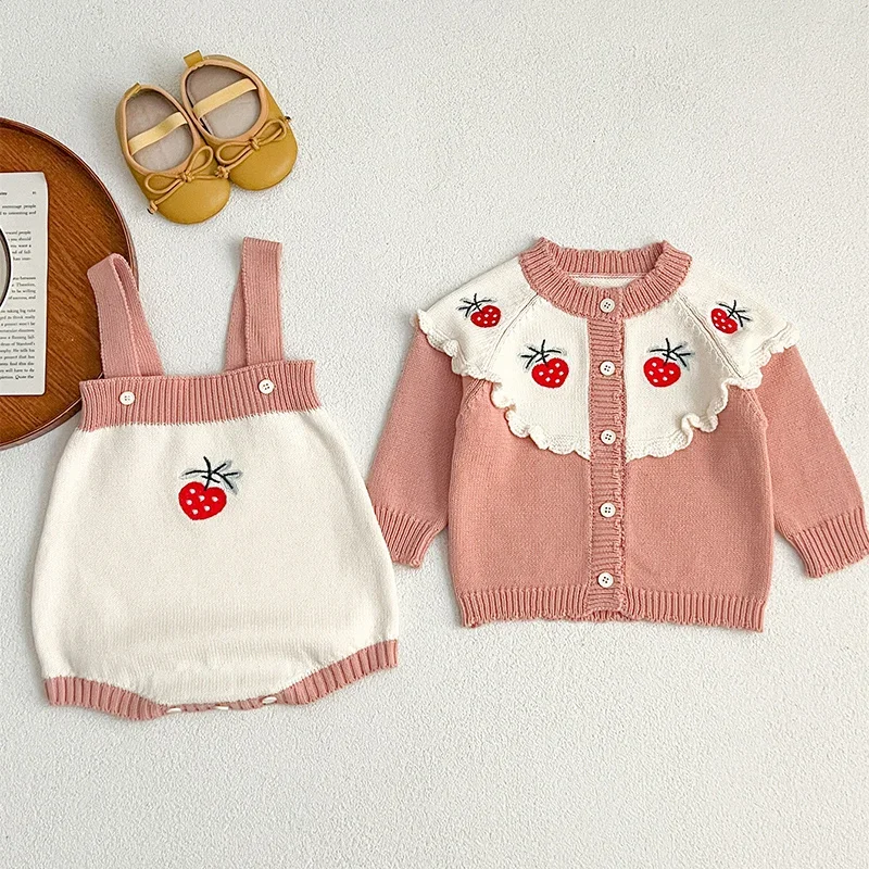 

2024 New Autumn Infant Baby Girls Knitted Clothing Suit Long Sleeved Knitted Cardigan+Jumpsuit Newborn Baby Girls Clothing Set