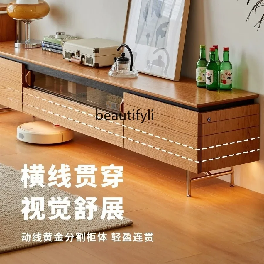 X TV Cabinet Solid Wood Rock Plate Stainless Steel Legs Storage Cabinet Small Apartment Japanese Style Tea Table Combination