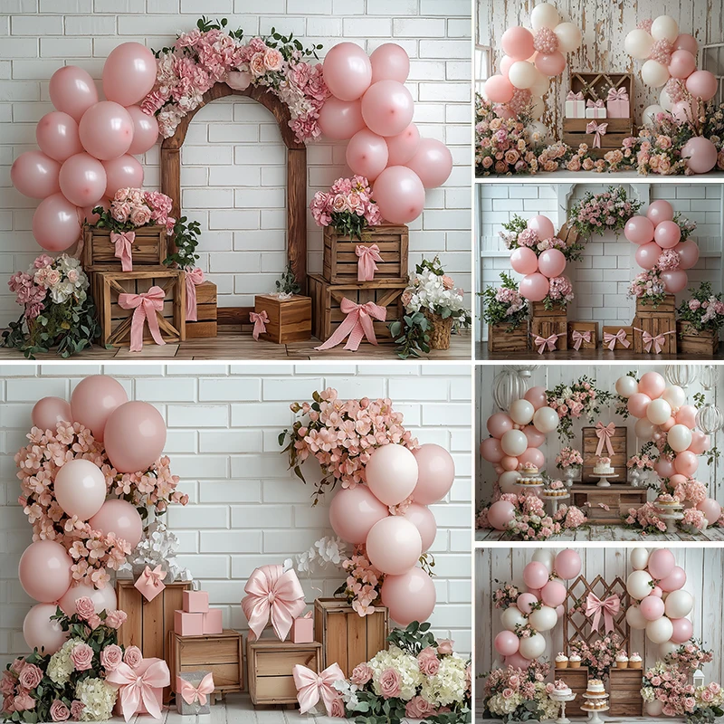 

LS Photography Background Pink Balloons Floral Bow Decor Girl Princess Birthday Party Cake Smash Photo Backdrop Studio