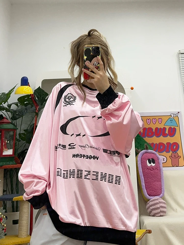 American Street Vintage Hip Hop Glossy Jersey Letter Printing Loose Large Size Long Sleeve T-Shirts Top Autumn