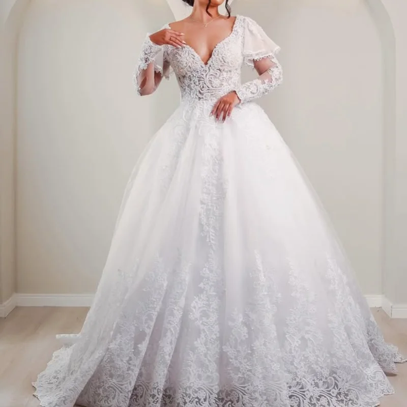 

simple white Appliques Wedding Dresses glitter decal off-shoulder Bridal Gowns multi-layer Made Customized