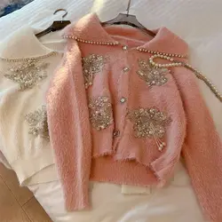 Luxury Women Doll Collar Mink Cashmere Rhinestones Sweater Coat Mohair Pearls Beaded Knitted Cardigan Velvet Diamonds Plush Tops