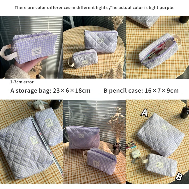 Retro Plaid Ladies Cosmetic Bag Quilted Cotton Women\'s Travel Storage Bags Portable Female Clutch Purse Large Capacity Handbags