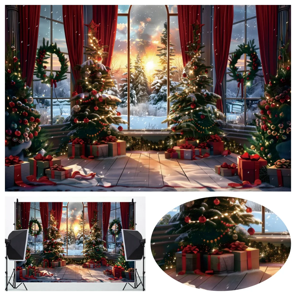 Christmas Room French Window Winter Snow Photography Backdrop Classic Retro Xmas Tree Gift Kids Portrait Family Party Background