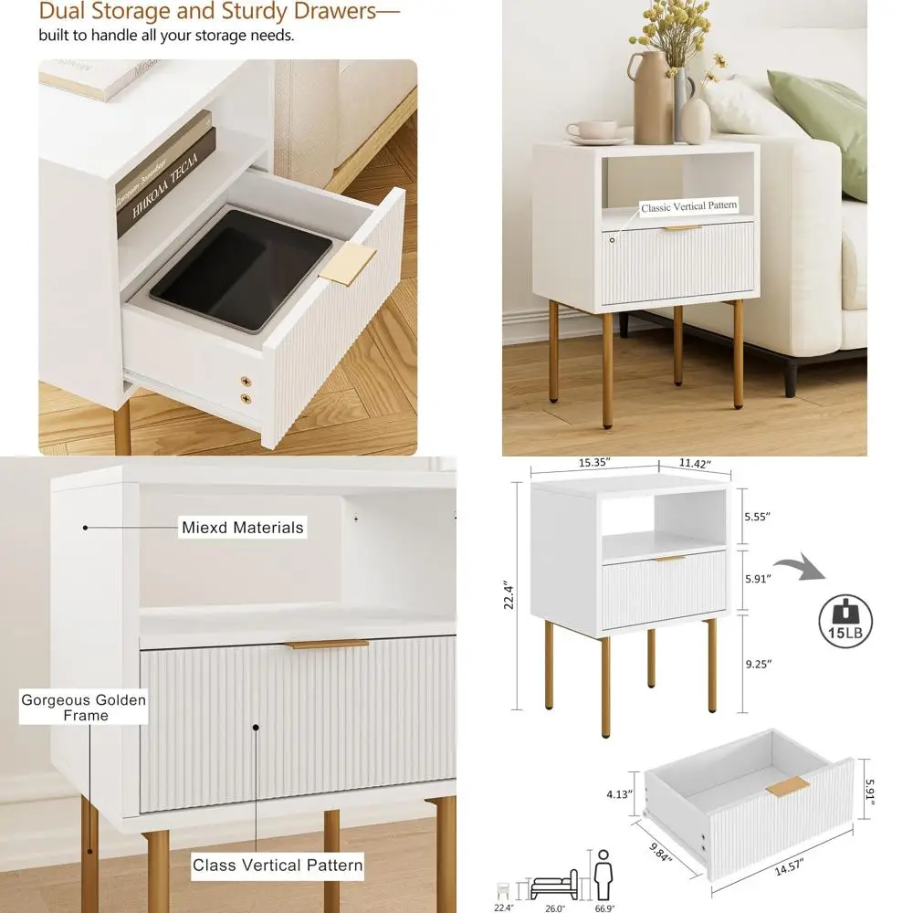 

Современная тумбочка середины века с выдвижным ящиком и полкой, приставной столик в золотой раме для спальни/гостиной, белый
