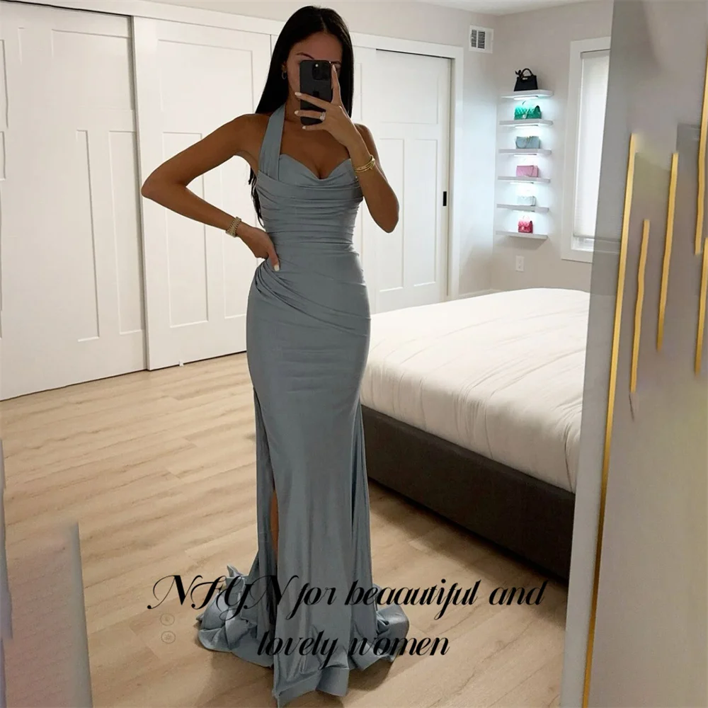 

NFYN Dusty Blue Long Party Dresses Spaghetti Strap Night Dresses Staain Trumpet Sexy Stain Sweerheart Evening Gown Customized