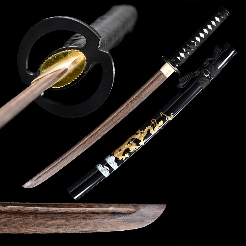 

Wooden Wakizashi Handmade Full Tang Rosewood Blade Dragon Saya Katana Sword Ready For Practice Real Samurai Swords