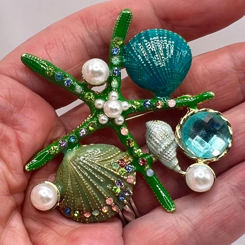 Korean Fashion Enamel Starfish Shell Brooch Retro Men\'s and Women\'s Marine Life Clothing Pin Accessories Pearl Breastflower