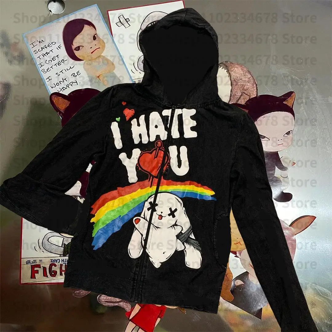 Hoodies 2000s Retro Grunge Mall Goth Jacket Coat Y2K Aesthetic Vintage  Sweatshirts Letter Cute Bunny Graphic Pattern Emo Girls