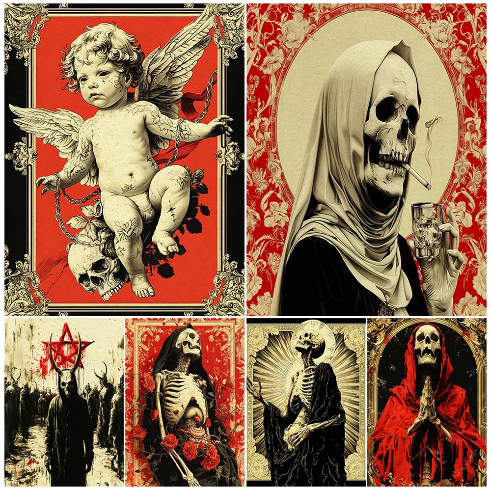 

Skeleton Saint And The Grim Reaper,Vintage Art Poster Print,Home Decor,Creepy Pagan Witchcraft Wall Art,Canvas Painting,Unframed