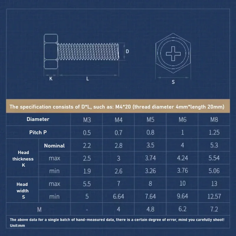 304 Stainless Steel Cross Recessed Hexagon Socket Head Cap Screws Hexagonal Bolts M1.6 M2 M2.5 M3 M4 M5 M6 M8
