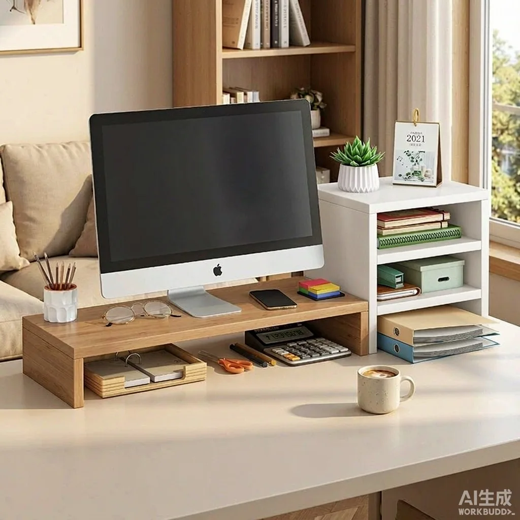 Wooden Monitor Stand Riser Desk Organizer with Storage Shelf for PC Screen Laptop Computer Office Home Desktop