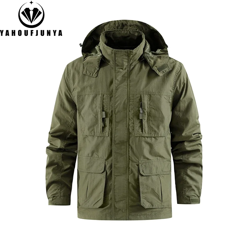 Men Autumn Cargo Outdoor Casual Detachable Hooded Jacket Men Utility Many Pocket Zipper Solid Color Windproof Jacket Male Coat