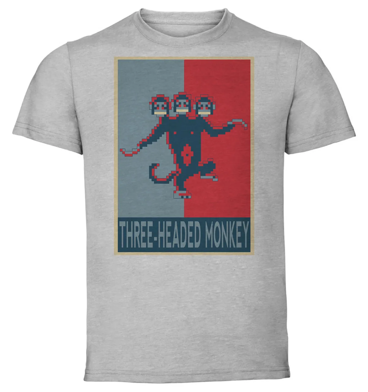 T-Shirt Unisex Grey Propaganda Pixel Art Monkey Island Three-Headed Monkey