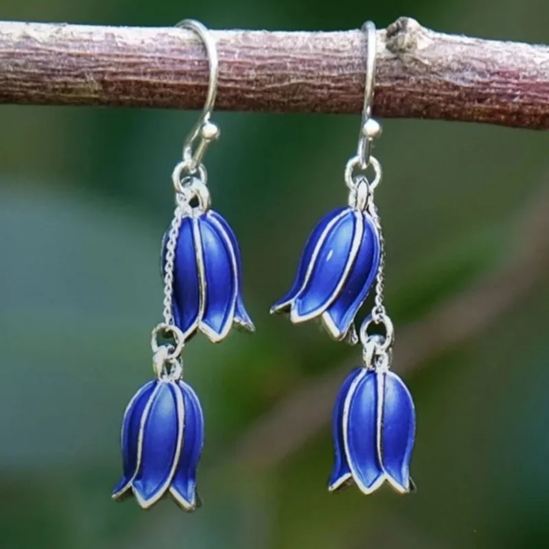 Elegant Klein Blue Wind Bell Flower Double Layer Women's Earrings Three-dimensional Bud Enamel Daily Forest Atmosphere Earrings