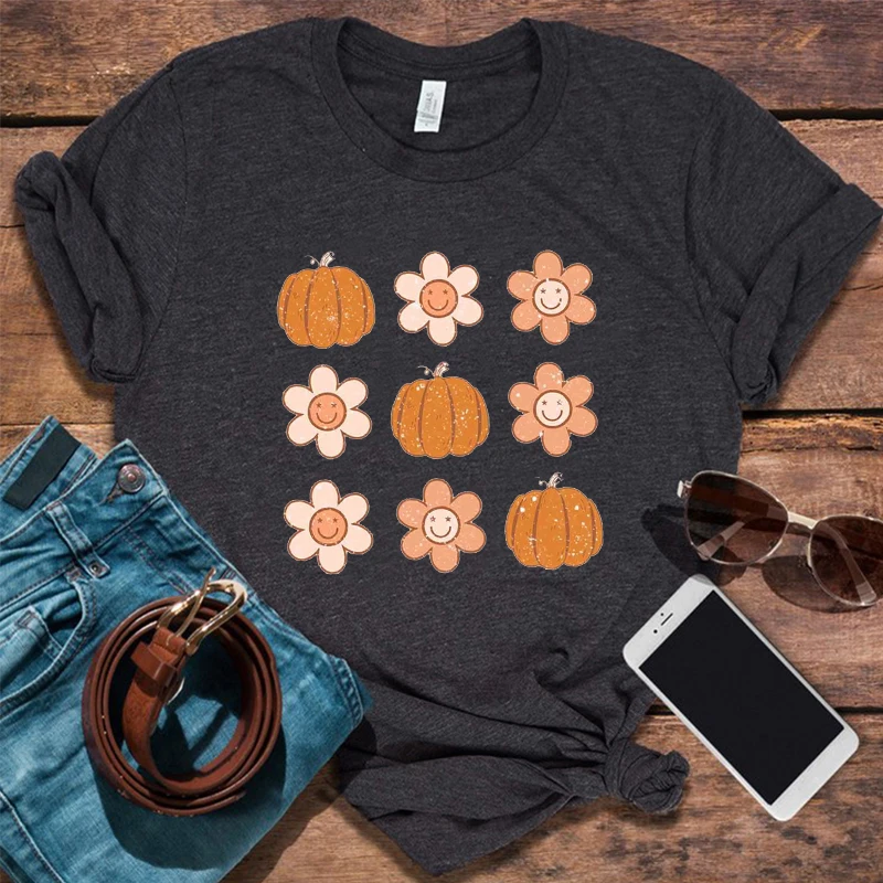 Boho Flowers and Pumpkins Shirt Pumpkin Tshirt Fall Autumn Women T Shirt Thanksgiving Vintage Clothes Halloween Gifts