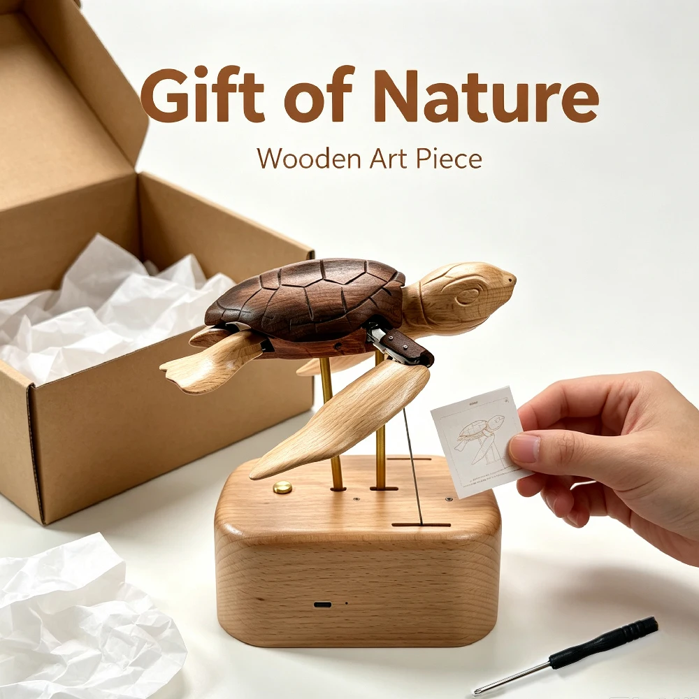 1PCS Kinetic Wooden Sea Turtle Model, Bionic Marine Animal Desk Ornament Gift | Handcrafted automaton,Natural Wood Art Piece