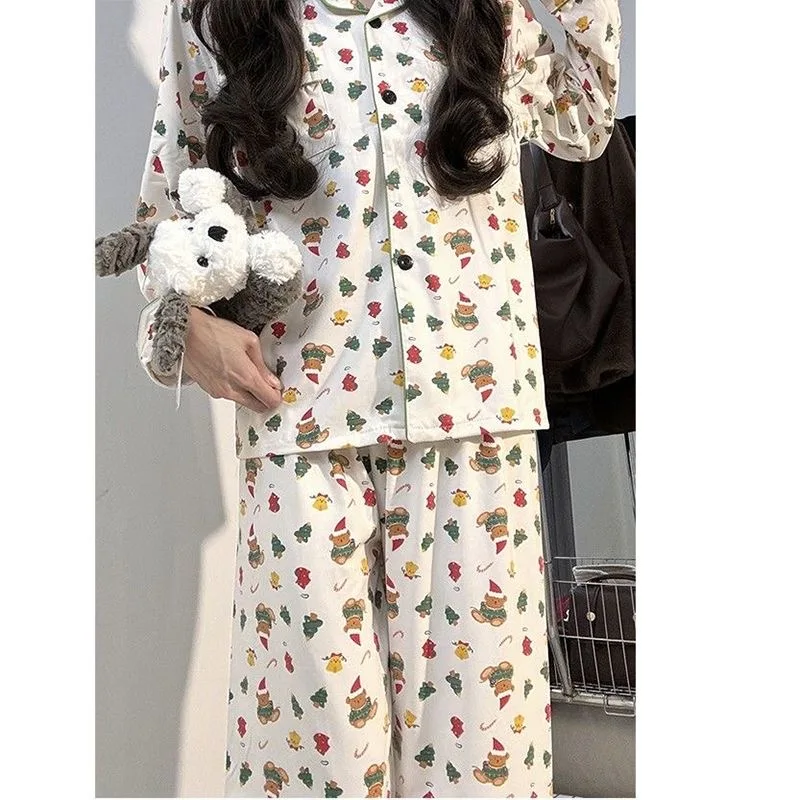 Cotton Pajama Sets Women Christmas PJ Set Bear Homewear Long Sleeves Button Female Sleepwear Pajamas Pants Kawaii Y2K Nightwear