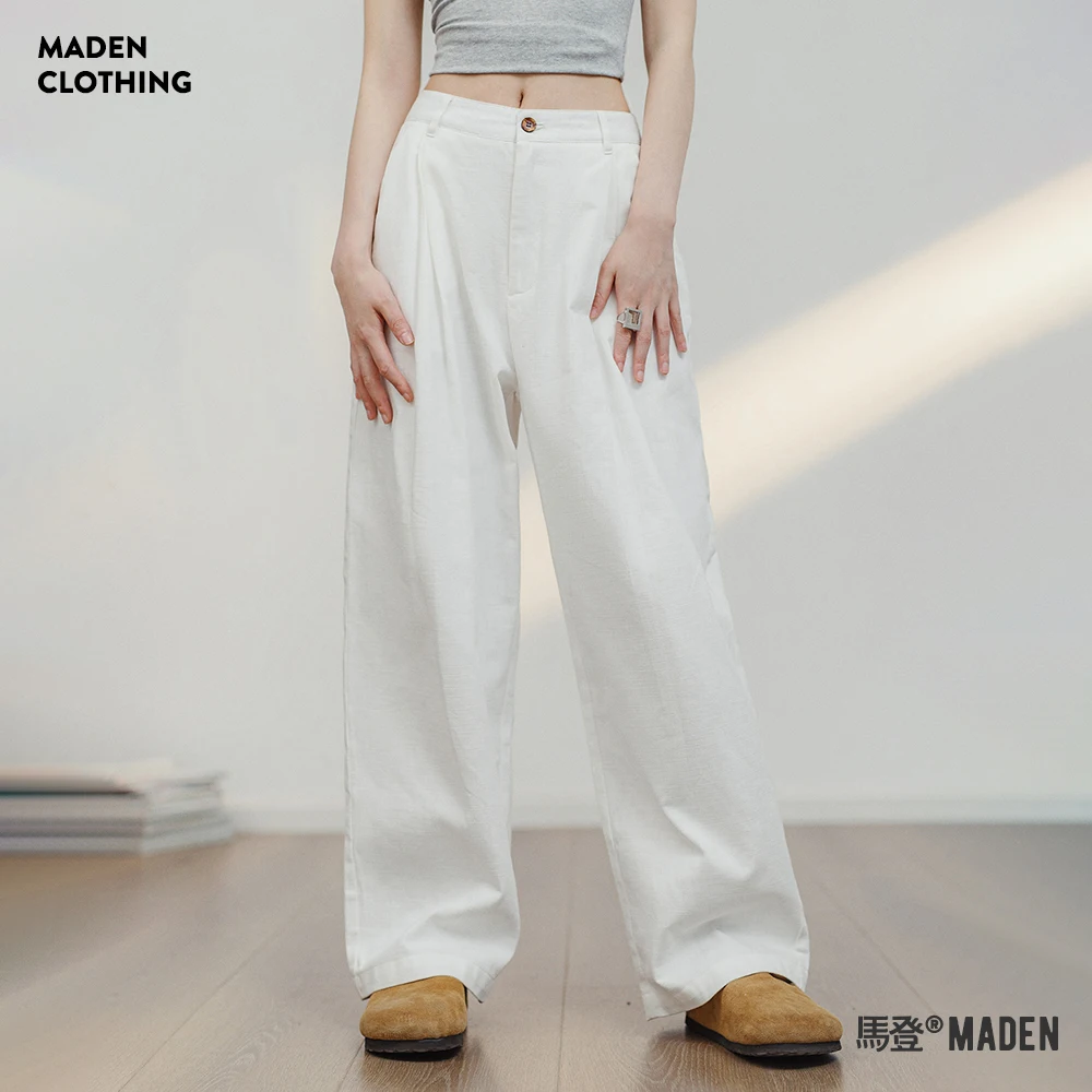 Maden White Cotton Casual Pants for Women Loose Straight Cargo Pants Versatile Wide Leg Pants Summer Streetwear Trousers