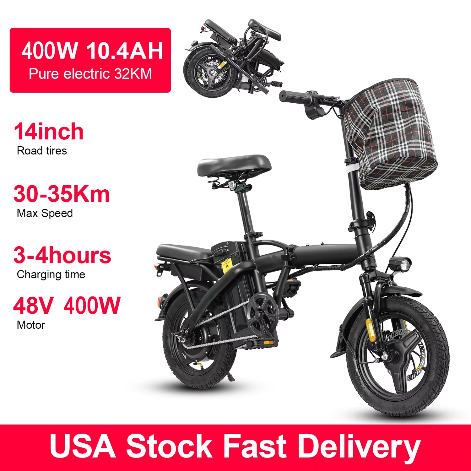 48V400W 10.4AH Foldable Electric Bike Free Shipping Electric Child Dirt Bike E Bike Long Range With Basket Road Bikes Ebike