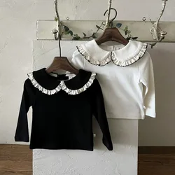 어린이용 프릴 가장자리 긴 소매 티셔츠, 부드럽고 따뜻한 단색, 캐주얼 의류 상의, 패션 소녀 