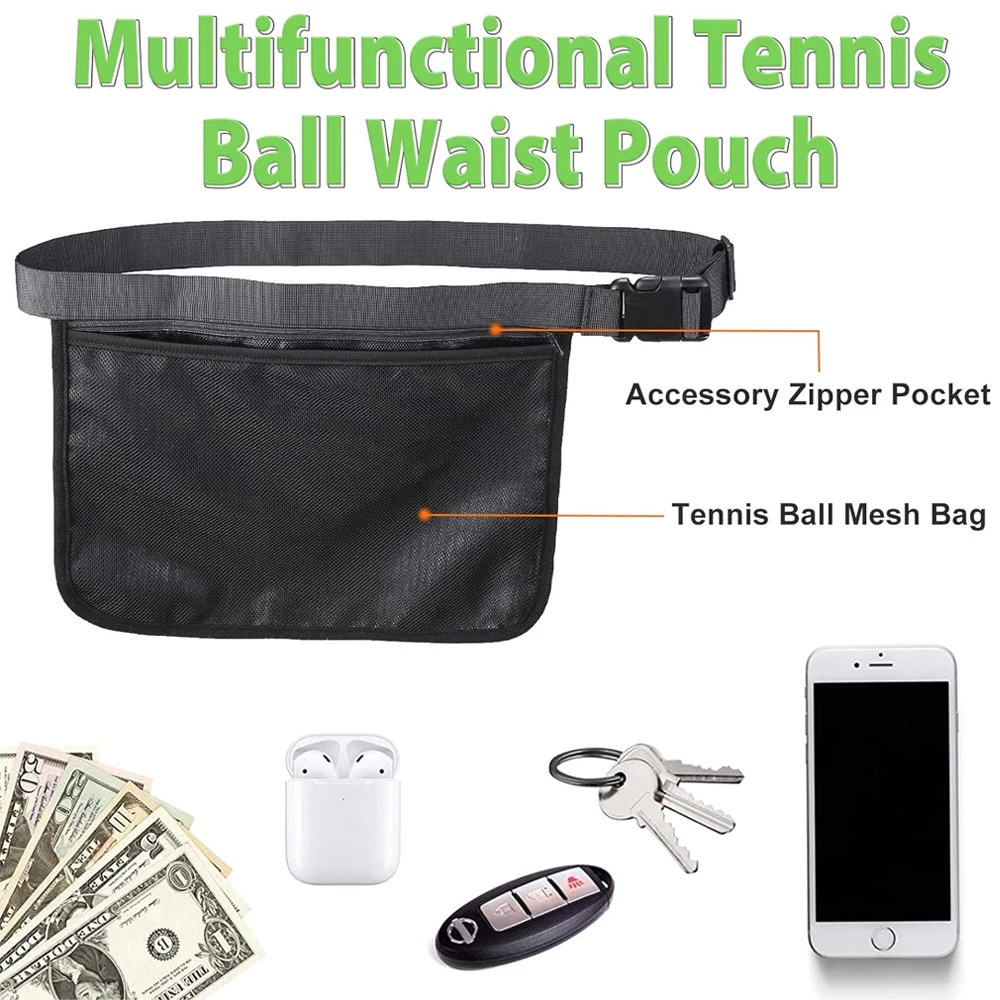 1PCS Ball Holder for Tennis Pickleball, Waist Bag with Mesh Pocket & Zippered Pocket, Adjustable Hip Bag for Men & Women