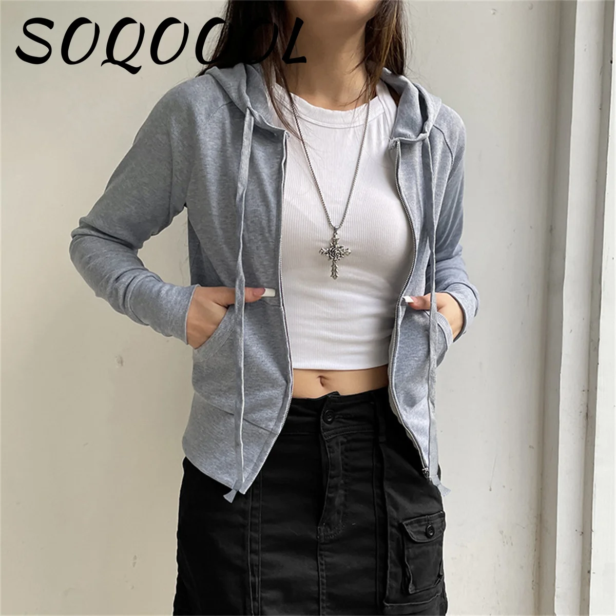 2024 Casual Streetwear Basic Hooded Pockets Sweatshirt Tracksuit Solid Long Sleeve Hoodies Women Autumn Spring Zip Up Crop Tops