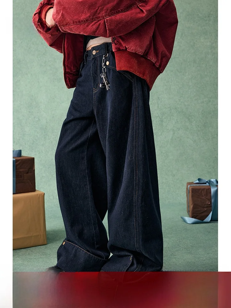 

BeerBro American Style Casual Low Waist Wide Leg Jeans Women's Autumn Winter Loose Slimming Casual Pants Original Bull Color