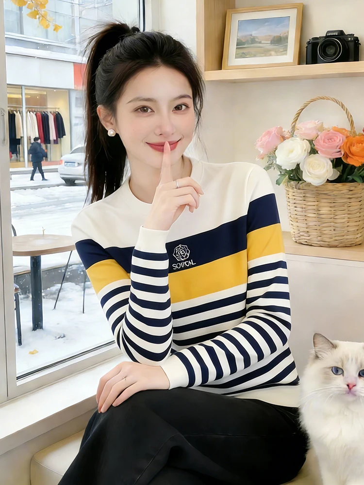 

Women's Knitted Long Sve Striped T-irt round Ne Embroidery Slimming Spring Faion Casual Loose Fit Comfortable Knitwear