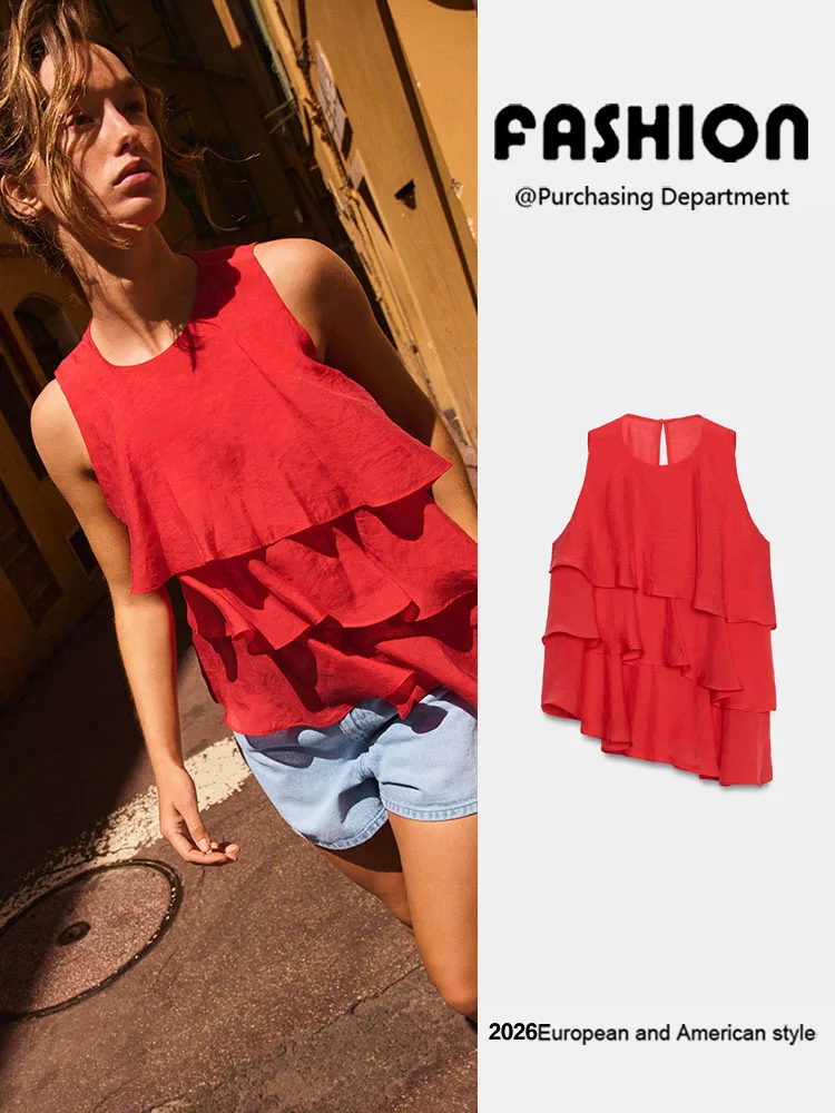 

New Summer Women's Sleeveless round Neck Asymmetric Layered Vest Top Versatile Fashionable Chinese Style Clothing
