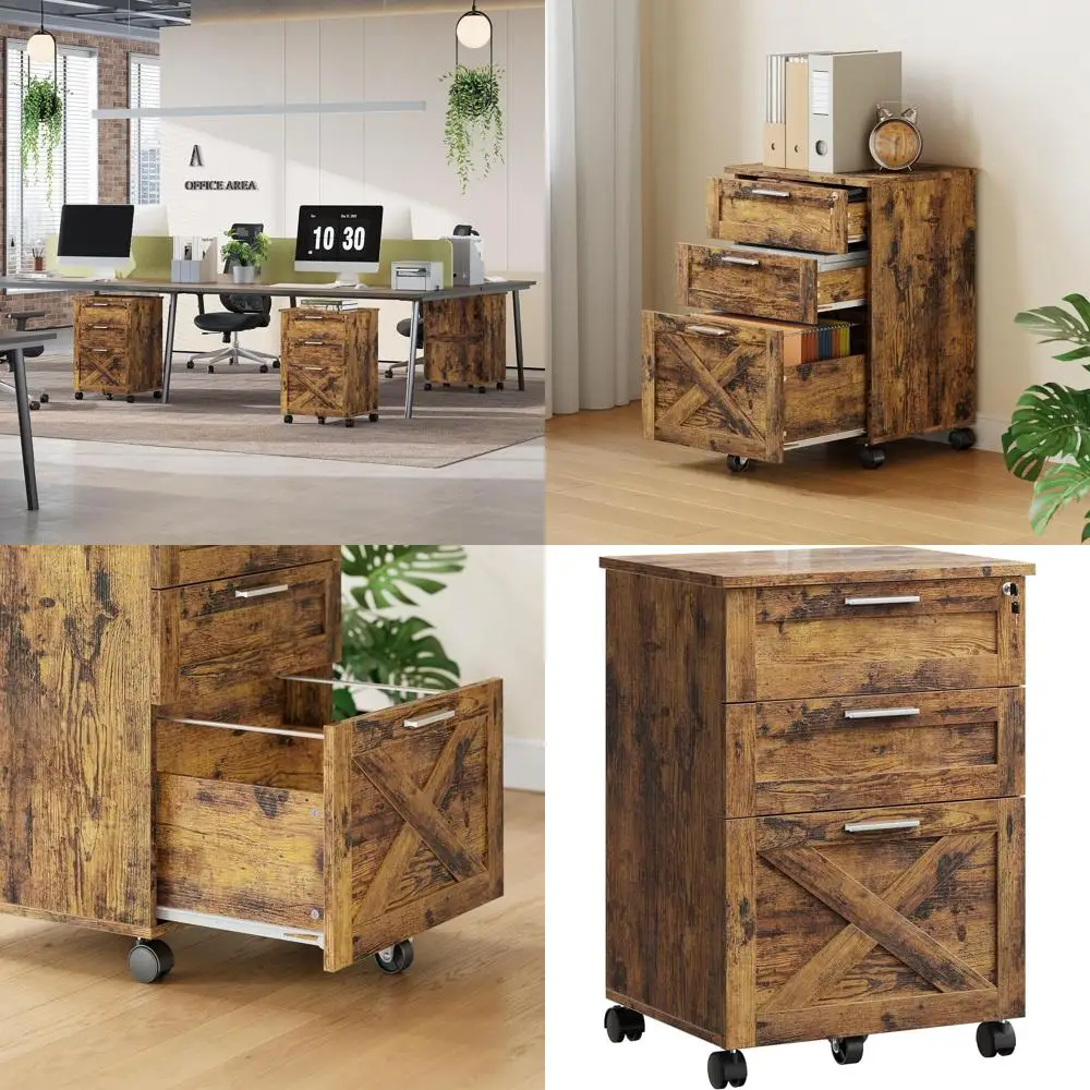 

Lockable 3-Drawer Wood File Cabinet on Wheels, Under Desk Storage, Letter/Legal/A4, Rustic Brown