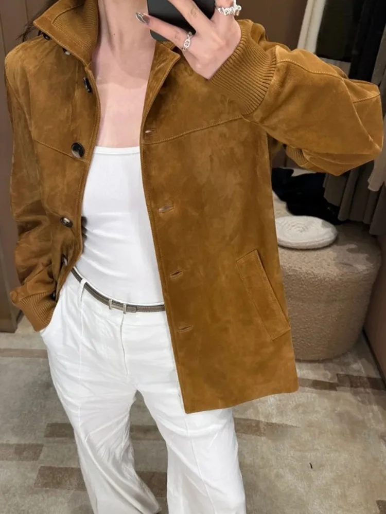 แจ็คเก็ตหนังแกะแท้สีพื้นสไตล์ลำลองสำหรับผู้หญิง ปกเสื้อแบบปกเชิ้ต ทรงหลวม มีกระเป๋า ติดกระดุมแถวเดียว แขนยาว เสื้อคลุม