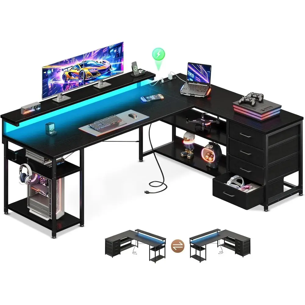 

61-inch L-Shaped Gaming and Home Office Desk with Power Outlets, LED Lights, and Monitor Shelf in Black