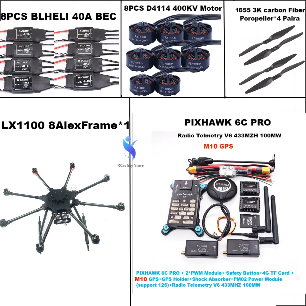 

LX1100 Full Carbon Fiber 1100mm Octa-Rotor Frame BLHELI 40A ESC PX4 Pixhawk 6C PRO M10 Flight Comtrol Set D4114 Motor