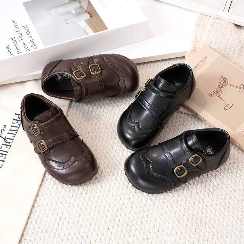 Vintage Girls Leather Shoes 2026 New Autumn Toddler British Style Double Buckle Brogue Oxfords Kid Soft Sole School Dress Shoes