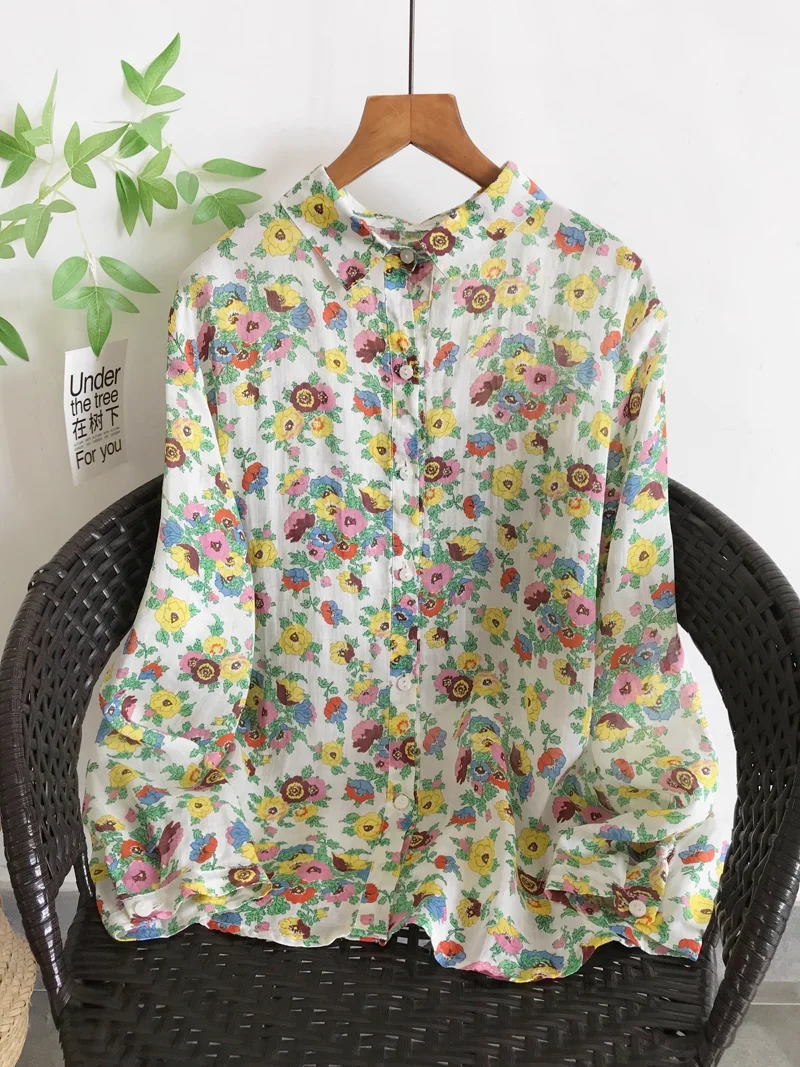 

2025 Mori Girl 100% Ramie Floral Print Shirts Blouses Women Autumn Long Sleeve Single-Breasted Rustic Style Pure Ramie Blouse
