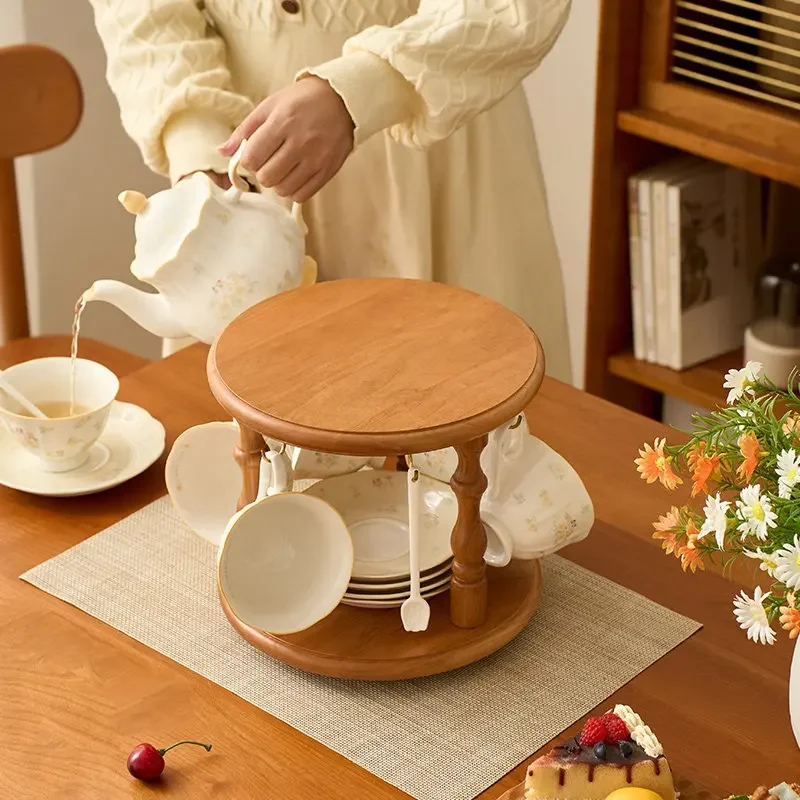 Cherry Wood Retro Rotating Cup Holder Household Coffee Table Rack Solid Wood Coffee Cup Teapot Storage Rack