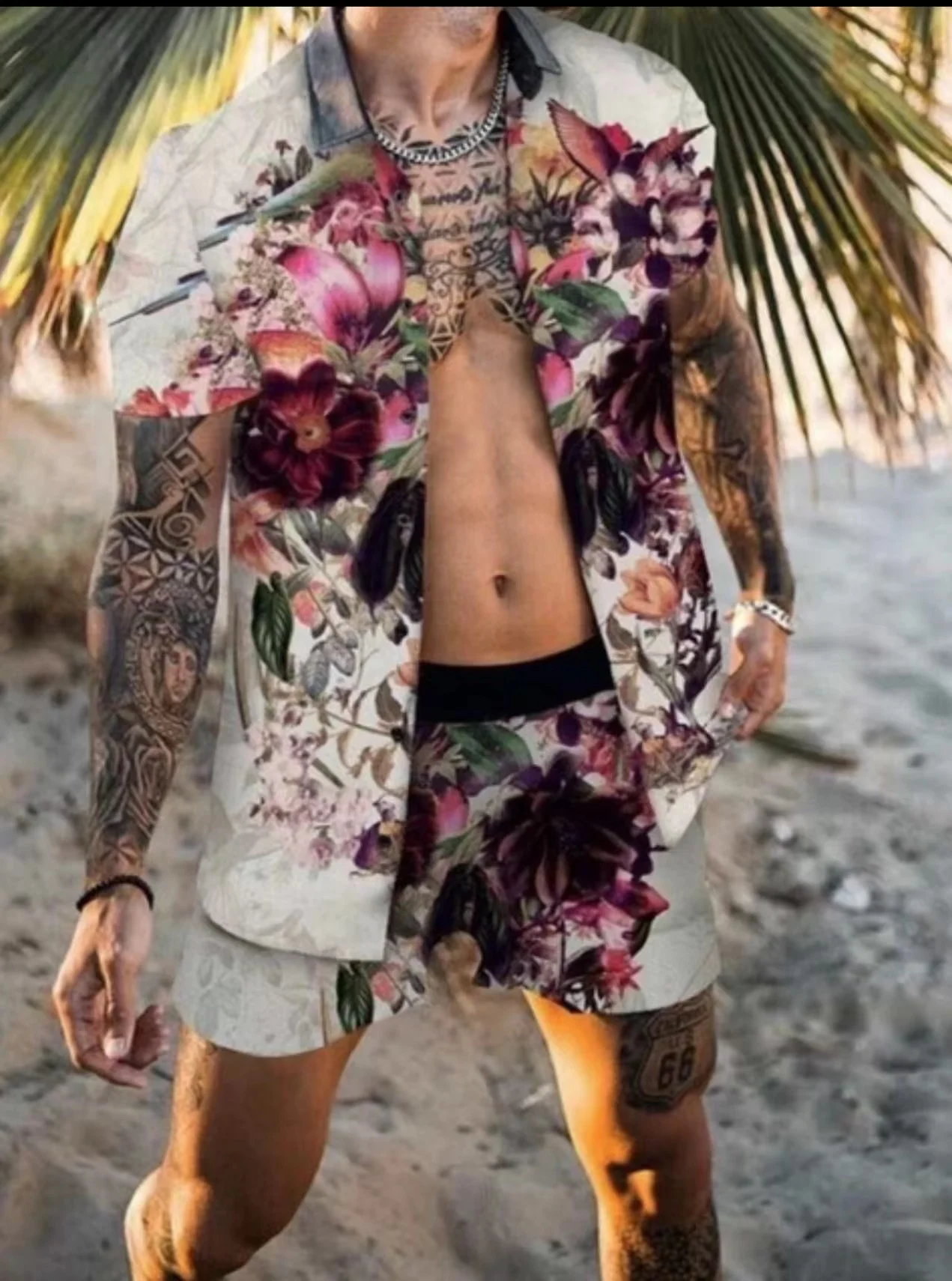 Beach Summer Fashion Printed Shorts Short Sleeve Collar Cardigan Top Shirt Casual Loose Drawstring Shorts Men