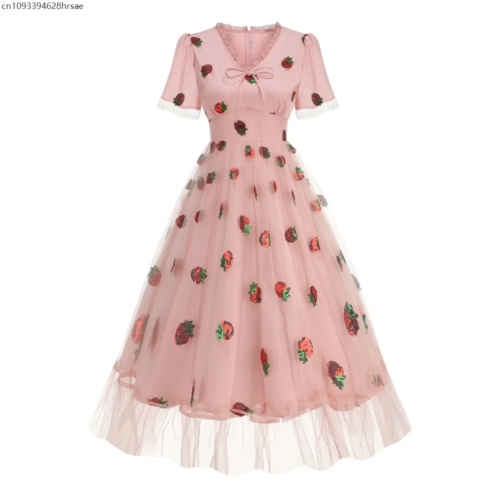 

Women Strawberry Sequins Mesh Luxury Long Dresses Lace Edge V-Neck High Waist Vintage Evening Party Prom Elegant Dresses